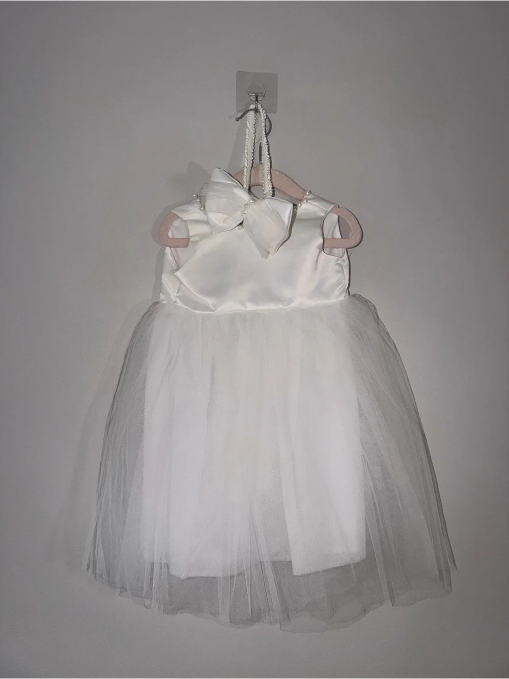 Baby Girls White Satin Tulle Dress Set with Bloomers & Headband 6-12M